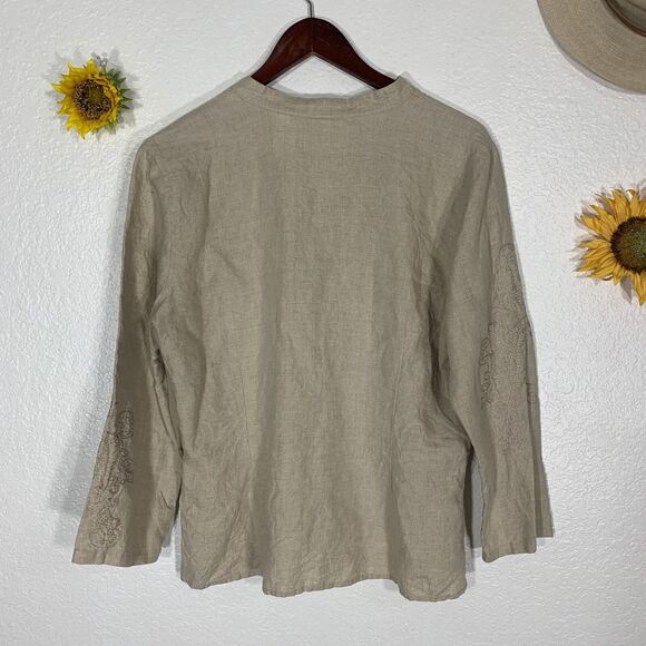 Liz Claiborne Lizwear Large Blouse Half Button Embroidered Linen Top Natural Tan - Picture 6 of 9